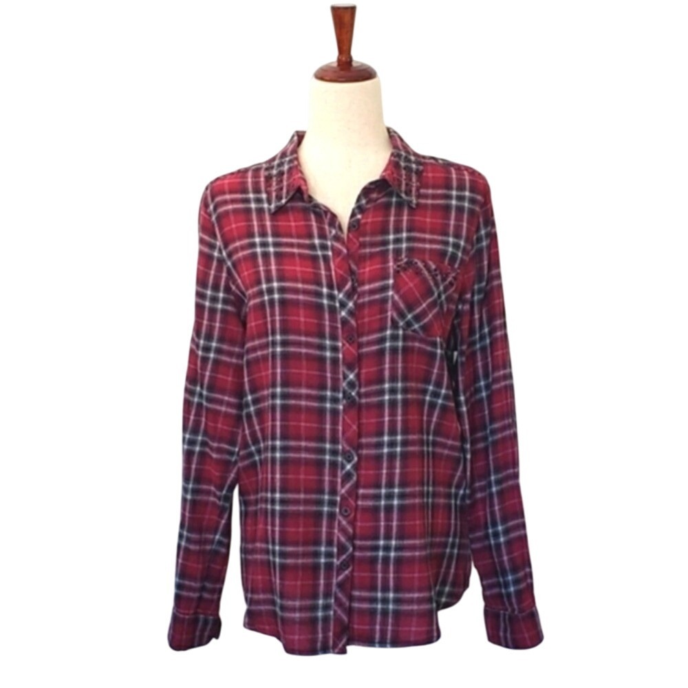 Relativity Womens‎ Red Plaid Studded Rhinestone Flannel Shirt Roll Tab Large